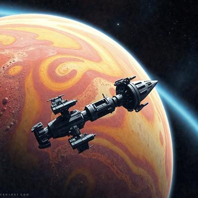 The primary subject of the image is a spacecraft, which is a large, futuristic-looking vehicle. The spacecraft is flying through the air, with a planet visible in the background. The visual style of the image is digital art, giving it a unique and detailed appearance. The colors and mood of the image are predominantly dark and dramatic, with the spacecraft and planet creating a sense of adventure and exploration.